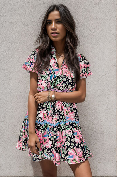 Printed Ruffle Hem Short Sleeve Mini Dress BLUE ZONE PLANET