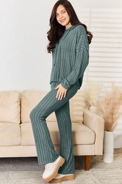 Blue Zone Planet | Basic Bae Full Size Ribbed Drawstring Hood Top and Straight Pants Set BLUE ZONE PLANET