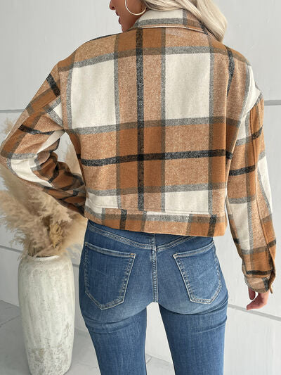 Blue Zone Planet | Plaid Button Up Drop Shoulder Cropped Jacket BLUE ZONE PLANET
