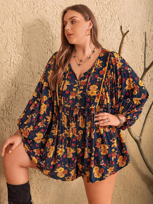 Plus Size Floral Tie Neck Balloon Sleeve Romper BLUE ZONE PLANET