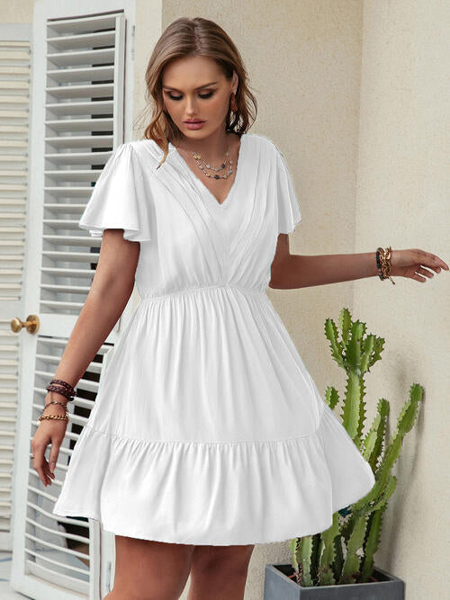 Double Take Plus Size Ruffle Hem V-Neck Short Sleeve Dress BLUE ZONE PLANET