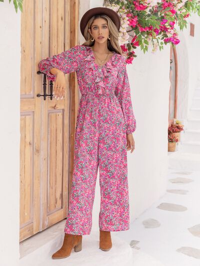 Printed Ruffled V-Neck Balloon Sleeve Jumpsuit Trendsi
