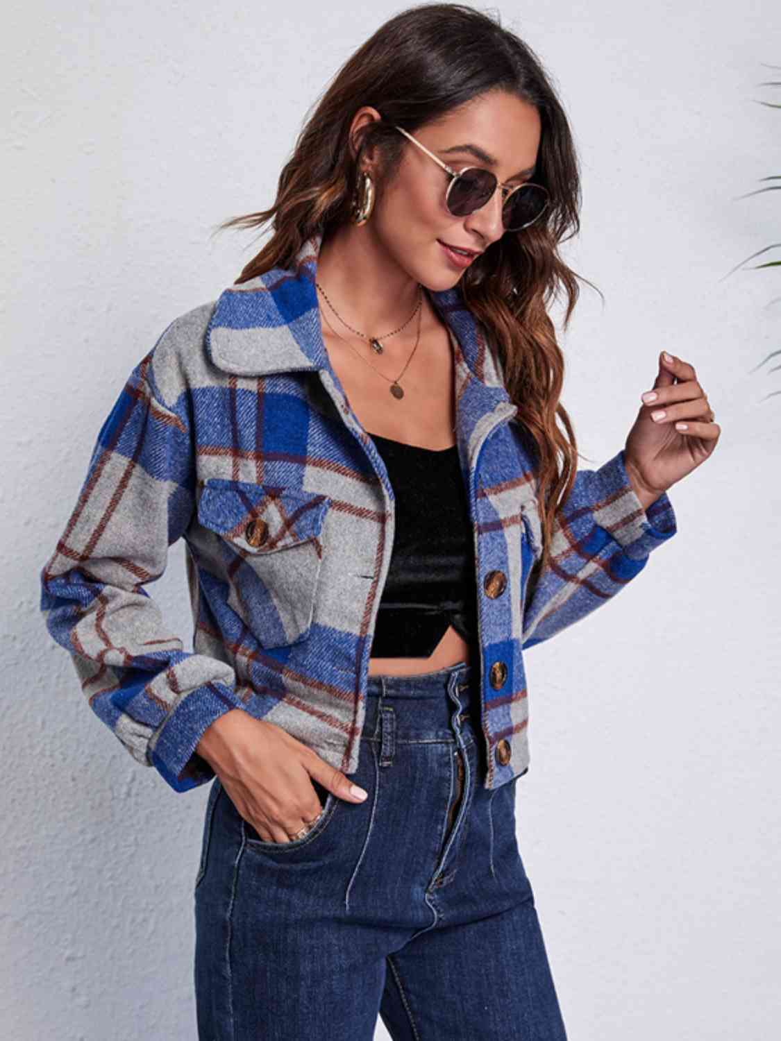 Plaid Button Front Jacket with Pockets BLUE ZONE PLANET