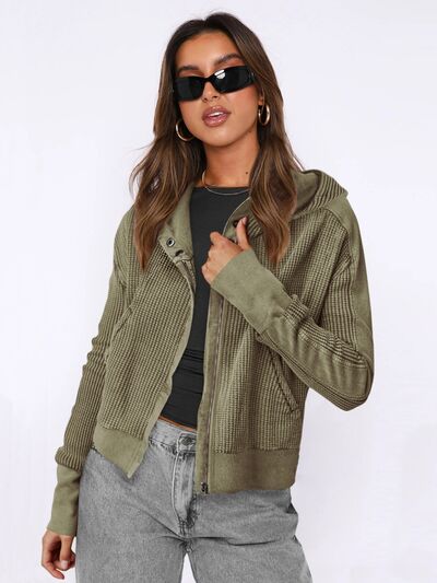 Blue Zone Planet | Waffle-Knit Dropped Shoulder Hooded Jacket BLUE ZONE PLANET