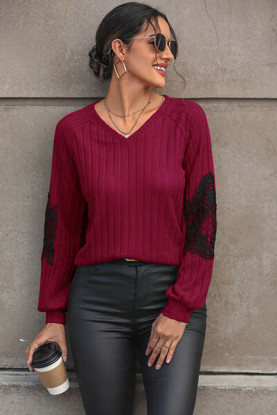Blue Zone Planet | Ribbed Lace Detail V-Neck Sweater BLUE ZONE PLANET