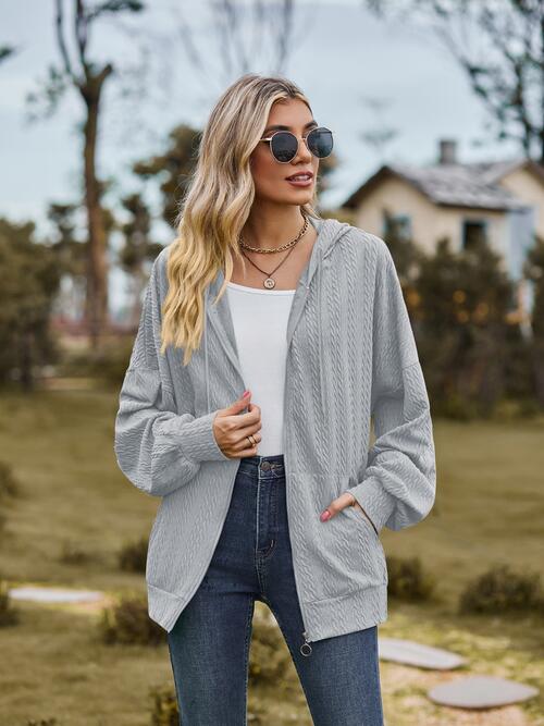Zip Up Drawstring Long Sleeve Hooded Jacket BLUE ZONE PLANET