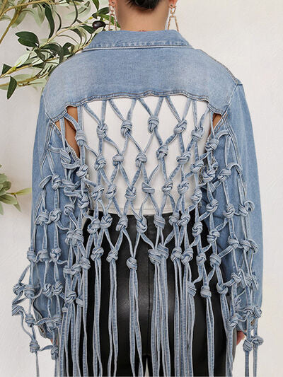Tie Detail Button Up Denim Jacket with Pockets Trendsi
