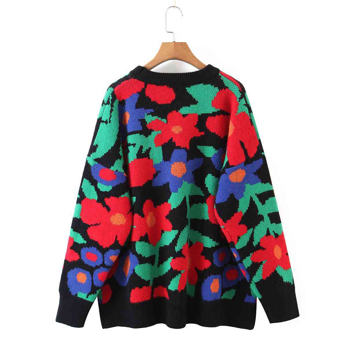 Floral Round Neck Drop Shoulder Sweater BLUE ZONE PLANET