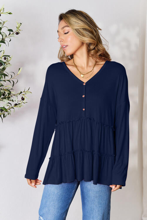 Double Take Half Button Long Sleeve Ruffle Hem Blouse BLUE ZONE PLANET