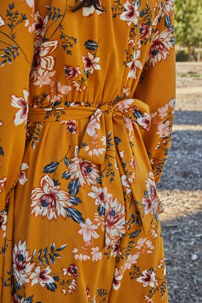 Double Take Full Size Floral Tie Back Flounce Sleeve Dress BLUE ZONE PLANET