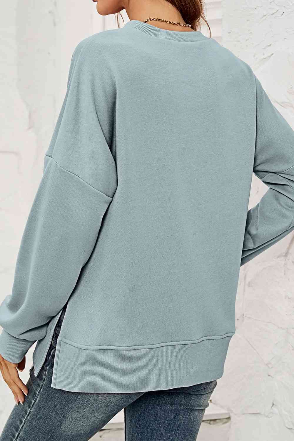 Round Neck Dropped Shoulder Slit Sweatshirt BLUE ZONE PLANET