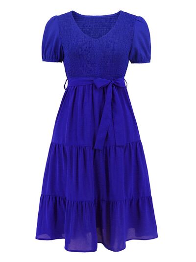 Blue Zone Planet | Smocked Tie Front Short Sleeve Tiered Dress BLUE ZONE PLANET