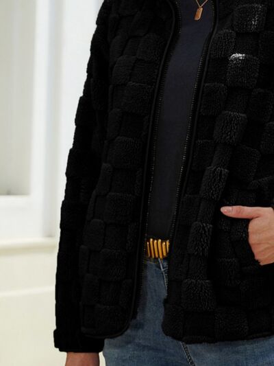 Blue Zone Planet | Fuzzy Checkered Zip Up Jacket BLUE ZONE PLANET