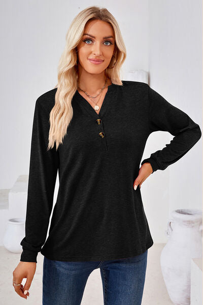 Notched Button Detail Long Sleeve T-Shirt Trendsi