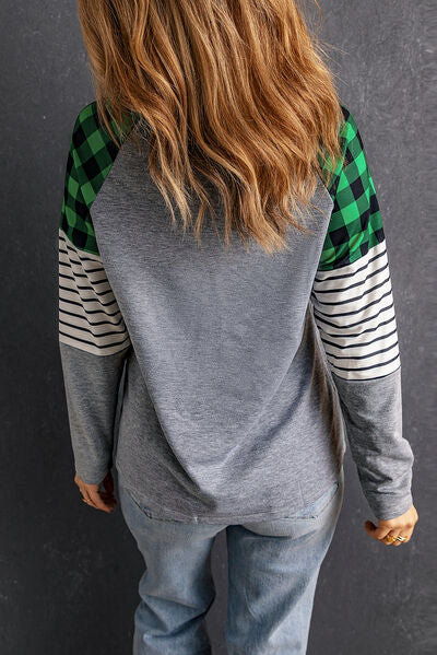 Blue Zone Planet | Striped Plaid Round Neck Long Sleeve T-Shirt BLUE ZONE PLANET