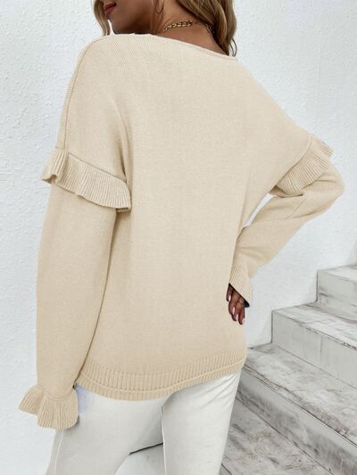 Blue Zone Planet | Ruffled V-Neck Dropped Shoulder Sweater BLUE ZONE PLANET