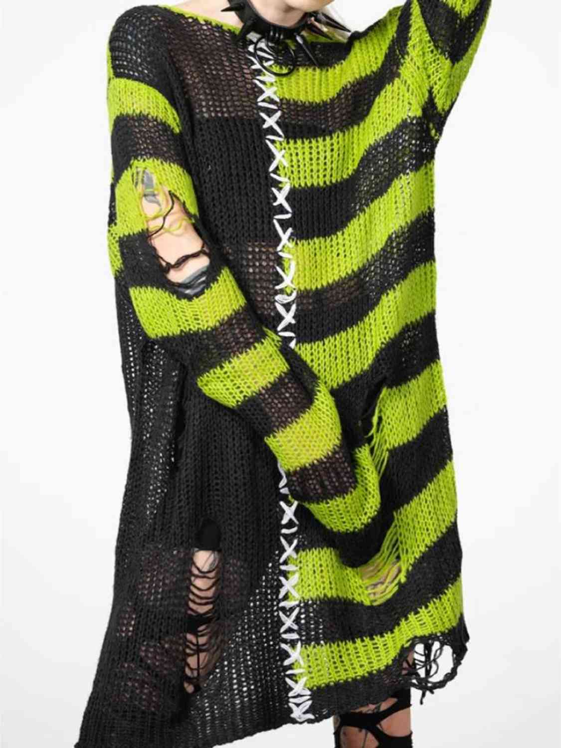 Striped Distressed Tunic Sweater BLUE ZONE PLANET