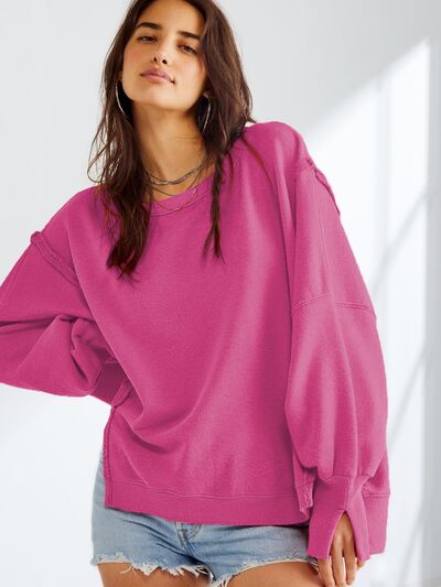 Slit Round Neck Dropped Shoulder T-Shirt Trendsi