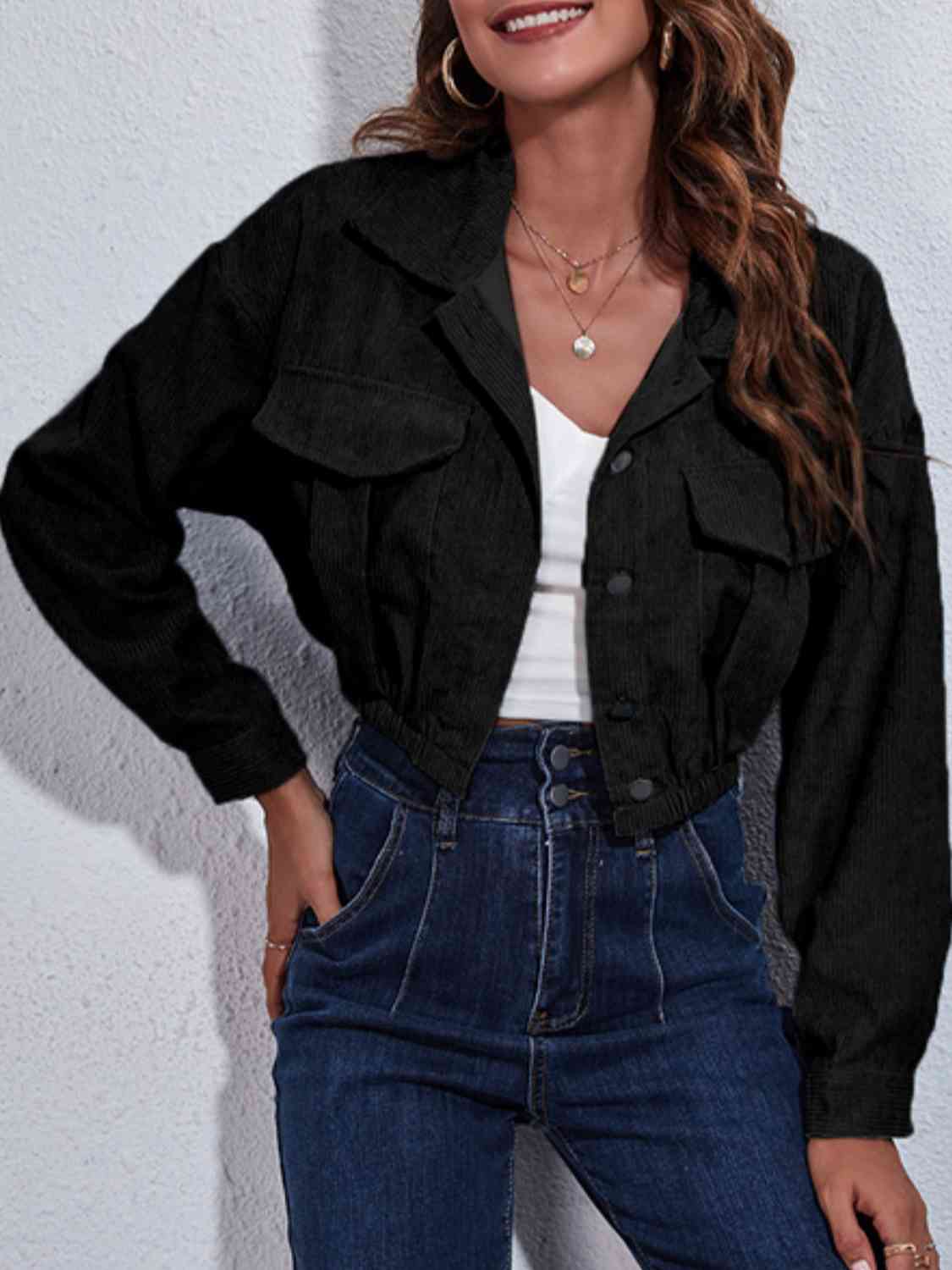 Collared Neck Dropped Shoulder Buttoned Jacket BLUE ZONE PLANET