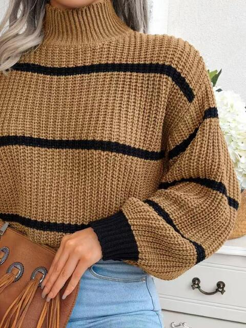 Striped Mock Neck Dropped Shoulder Sweater BLUE ZONE PLANET