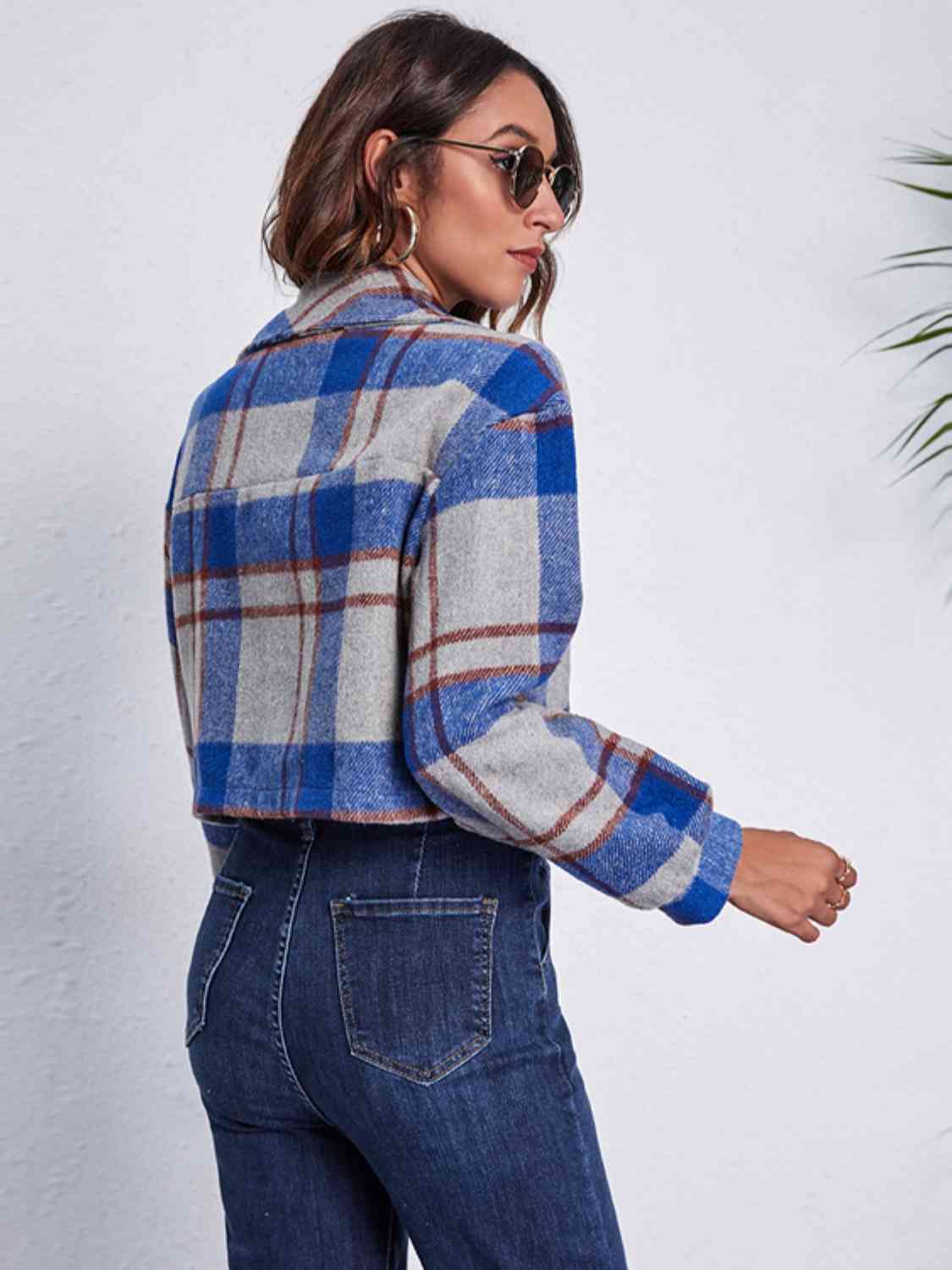 Plaid Button Front Jacket with Pockets BLUE ZONE PLANET