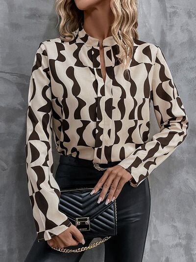 Blue Zone Planet | Printed Notched Long Sleeve Blouse BLUE ZONE PLANET