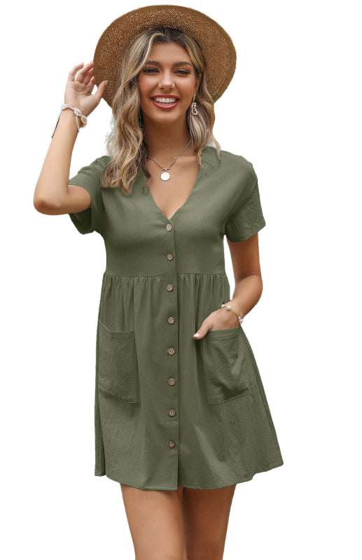 Blue Zone Planet | Ladies Solid Color V-Neck Short Sleeve Shirt Dress BLUE ZONE PLANET