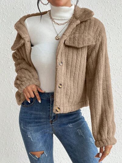 Blue Zone Planet | Fuzzy Button Up Collared Neck Jacket BLUE ZONE PLANET