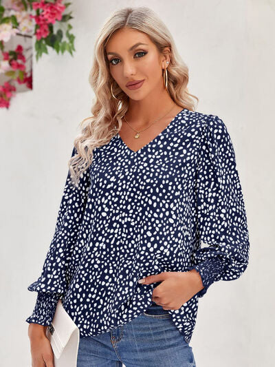 Blue Zone Planet | Printed V-Neck Lantern Sleeve Blouse BLUE ZONE PLANET