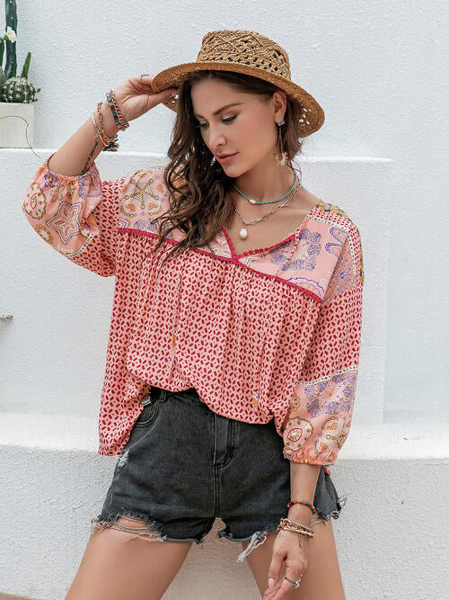Plus Size Printed Tie Neck Balloon Sleeve Blouse BLUE ZONE PLANET