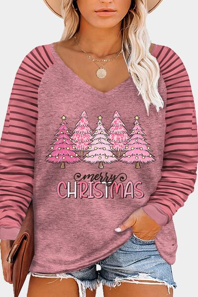 Blue Zone Planet | Plus Size MERRY CHRISTMAS Striped Long Sleeve T-Shirt BLUE ZONE PLANET