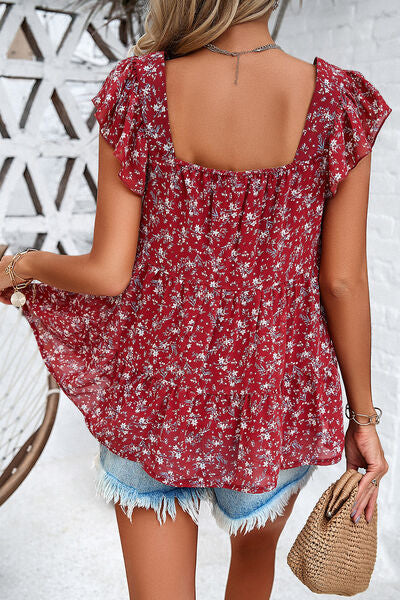 Blue Zone Planet | Printed Square Neck Cap Sleeve Blouse BLUE ZONE PLANET