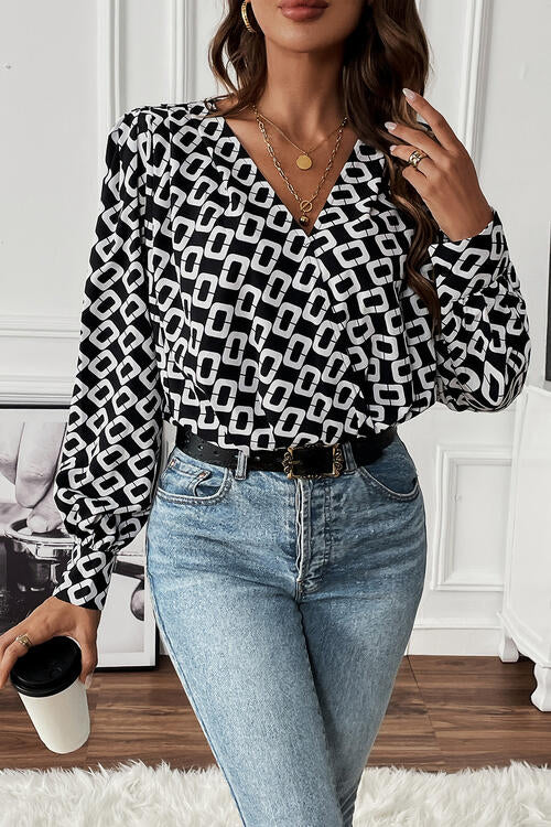Geometric V-Neck Long Sleeve Blouse BLUE ZONE PLANET