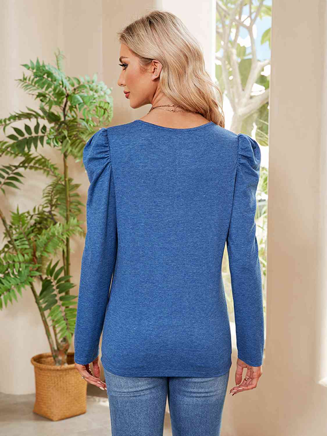 Buttoned Round Neck Puff Sleeve T-Shirt BLUE ZONE PLANET