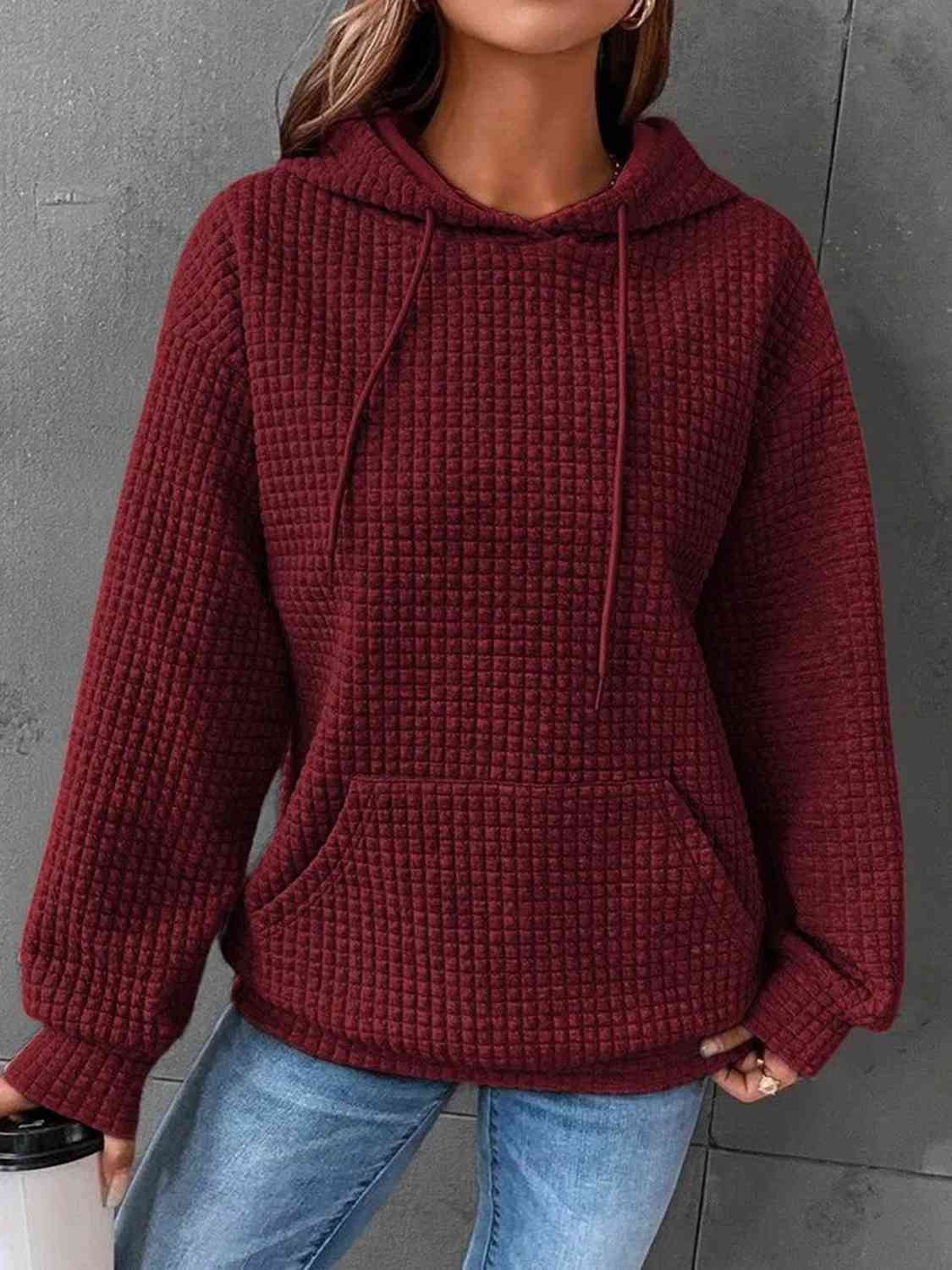 Blue Zone Planet | Textured Drawstring Drop Shoulder Hoodie BLUE ZONE PLANET