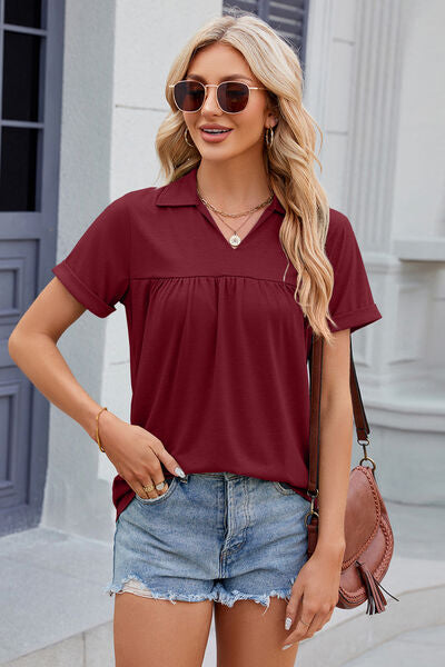 Blue Zone Planet | Ruched Johnny Collar Short Sleeve Blouse BLUE ZONE PLANET