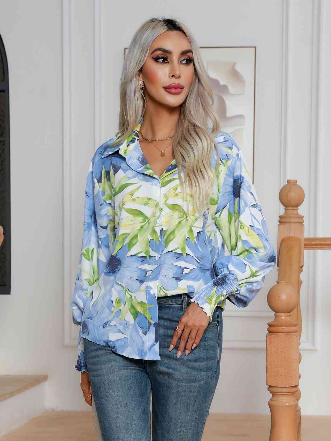 Floral Collared Neck Buttoned Shirt BLUE ZONE PLANET