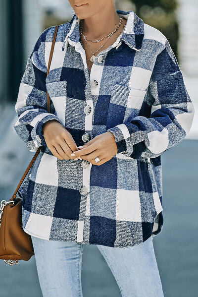 Blue Zone Planet | Plaid Button Up Dropped Shoulder Jacket BLUE ZONE PLANET