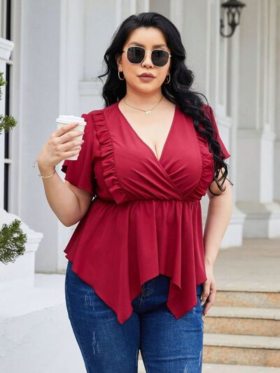 Plus Size Frill Surplice Flutter Sleeve Blouse BLUE ZONE PLANET