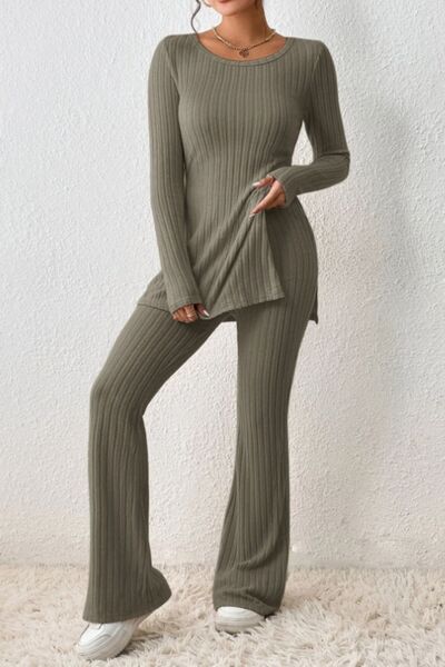 Blue Zone Planet | Ribbed Long Sleeve Slit Top and Bootcut Pants Set BLUE ZONE PLANET