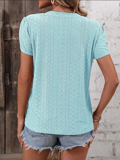 Blue Zone Planet | Eyelet V-Neck Petal Sleeve T-Shirt BLUE ZONE PLANET
