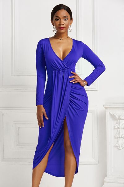 Blue Zone Planet |  High-low Ruched Surplice Long Sleeve Dress BLUE ZONE PLANET