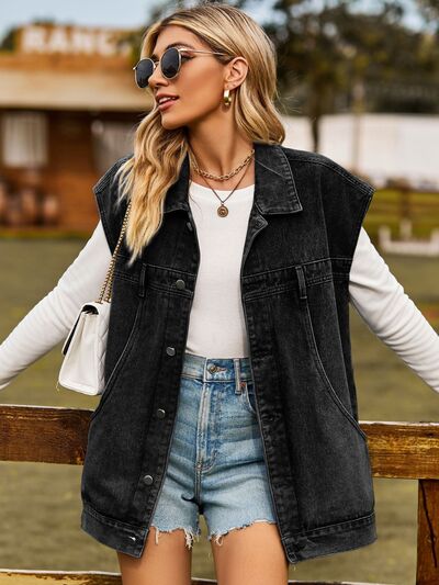 Blue Zone Planet | Button Up Collared Neck Sleeveless Denim Jacket BLUE ZONE PLANET
