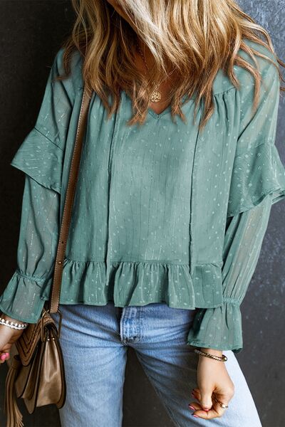 Swiss Dot Tie Neck Flounce Sleeve Blouse Trendsi