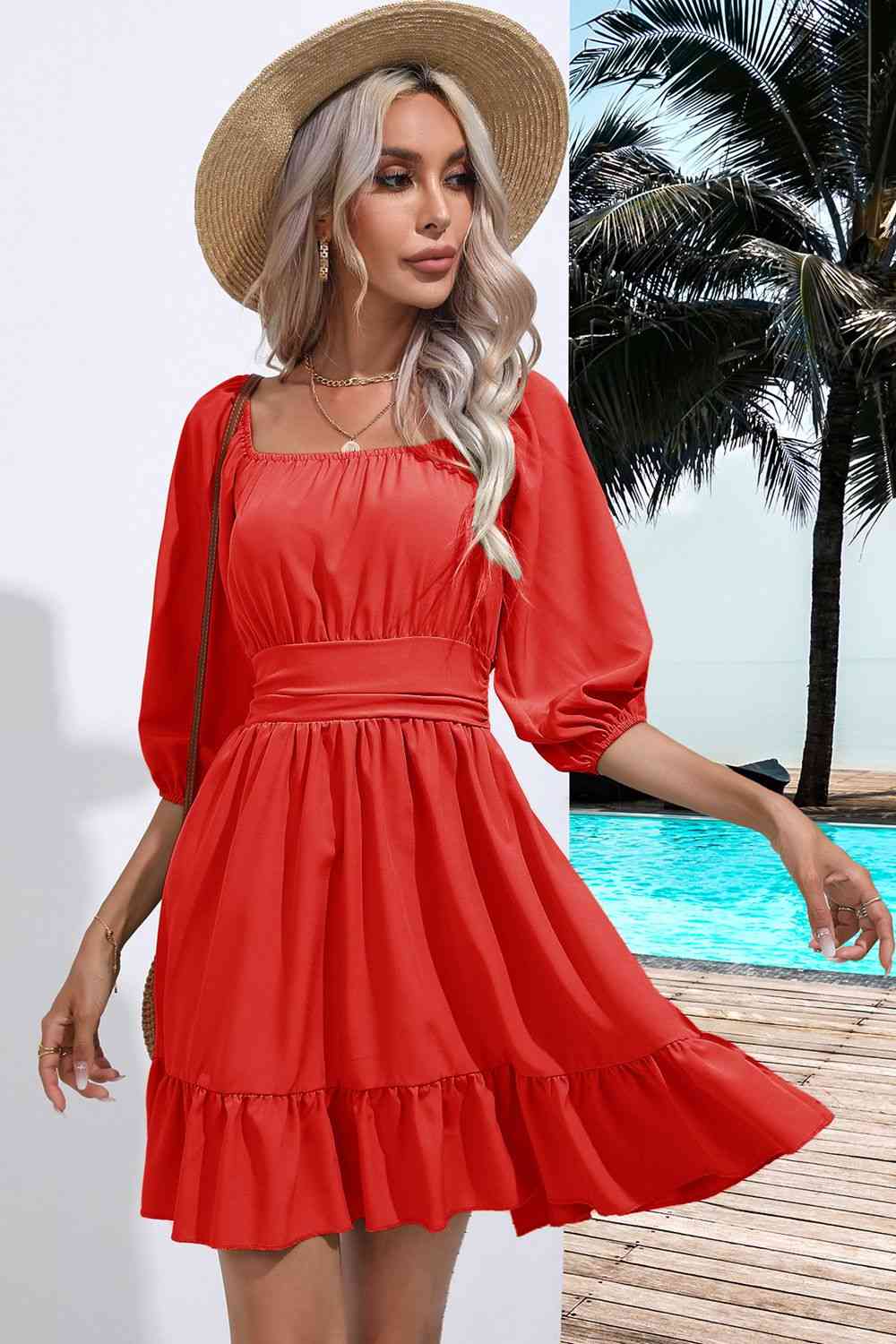 Blue Zone Planet |  Square Neck Tie Back Ruffle Hem Dress BLUE ZONE PLANET
