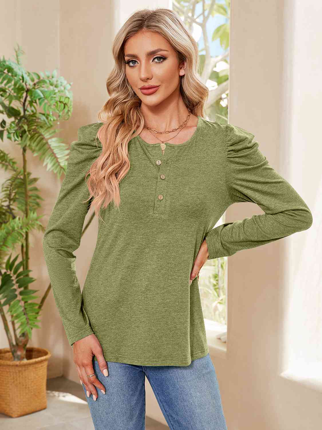 Buttoned Round Neck Puff Sleeve T-Shirt BLUE ZONE PLANET