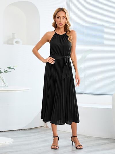 Blue Zone Planet | Pleated Spaghetti Strap Tie Waist Midi Dress BLUE ZONE PLANET