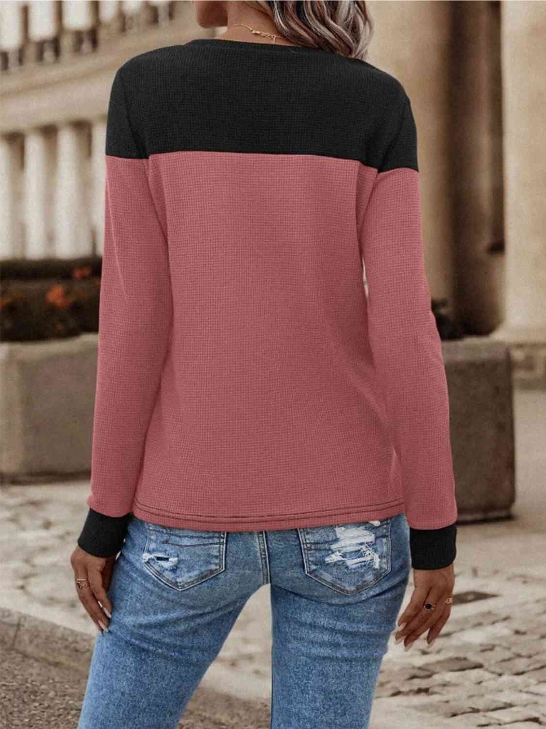 Contrast Buttoned Round Neck Long Sleeve T-Shirt BLUE ZONE PLANET