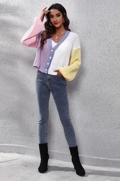 Color Block Button Up V-Neck Knit Top BLUE ZONE PLANET