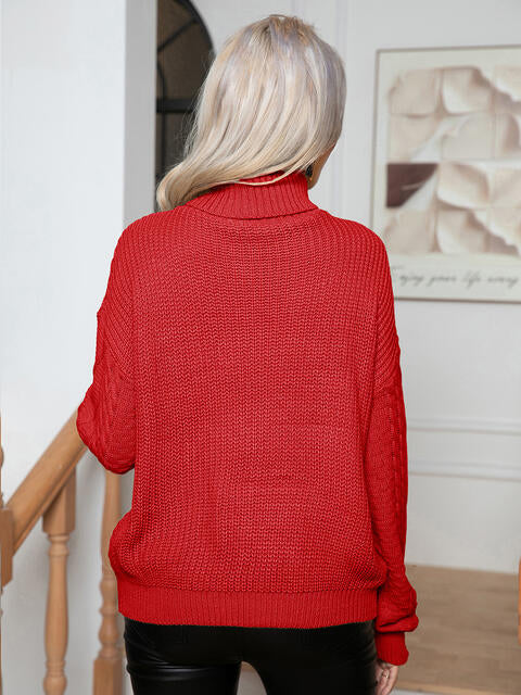 Turtleneck Cable-Knit Long Sleeve Sweater BLUE ZONE PLANET